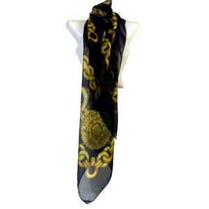 Large Vintage Sheer Gold Chain Print Scarf Navy Blue Y2k Luxury Glam Hip Hop